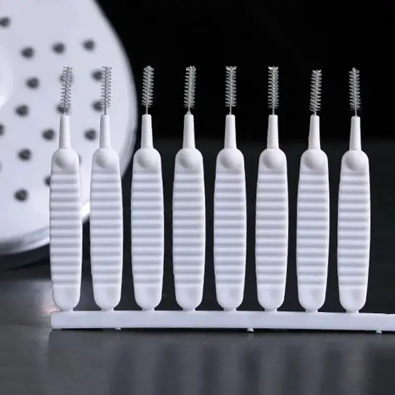 Shower cleaning brush set with white micro nylon bristles and ribbed handles