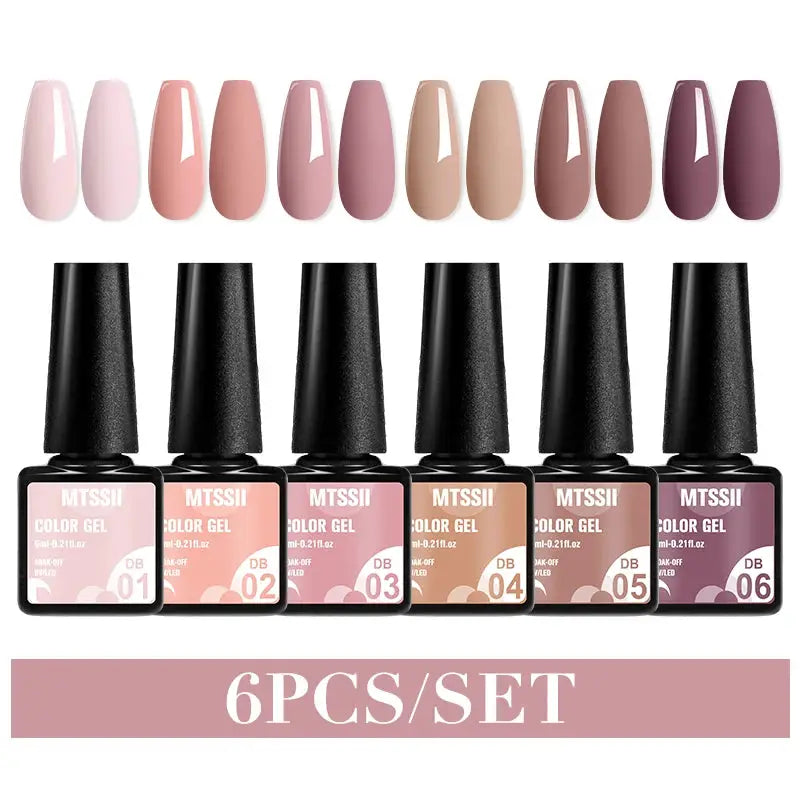 Gel nail polish set, 6-piece by Simples Market; nude to plum color gel bottles for manicure.