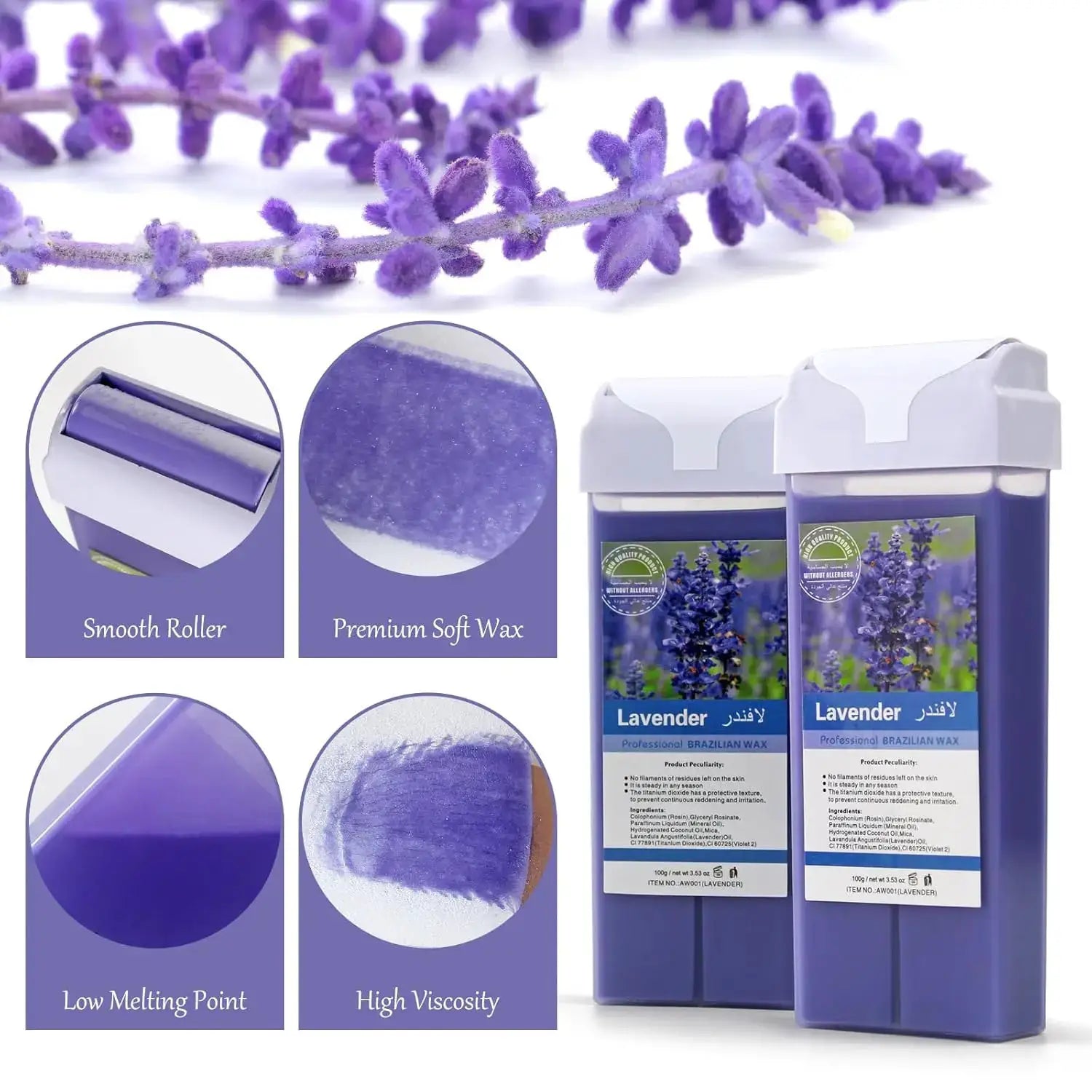 Simples Market lavender roll-on wax refill cartridges for hair removal; dual purple wax bottles with white caps.