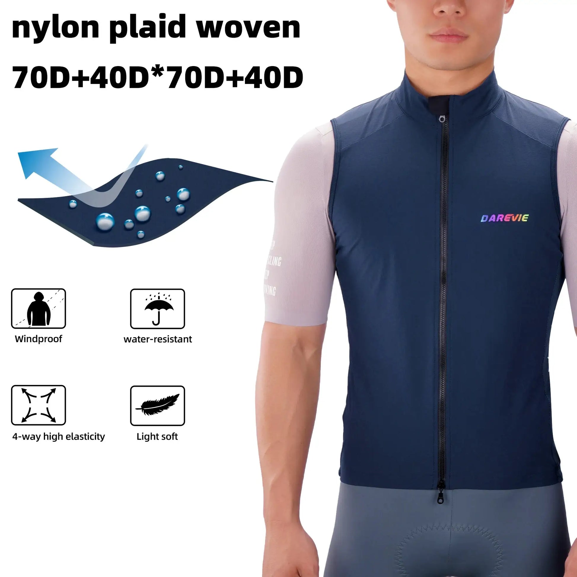 DAREVIE cycling vest in navy blue; windproof and water-resistant with front zipper