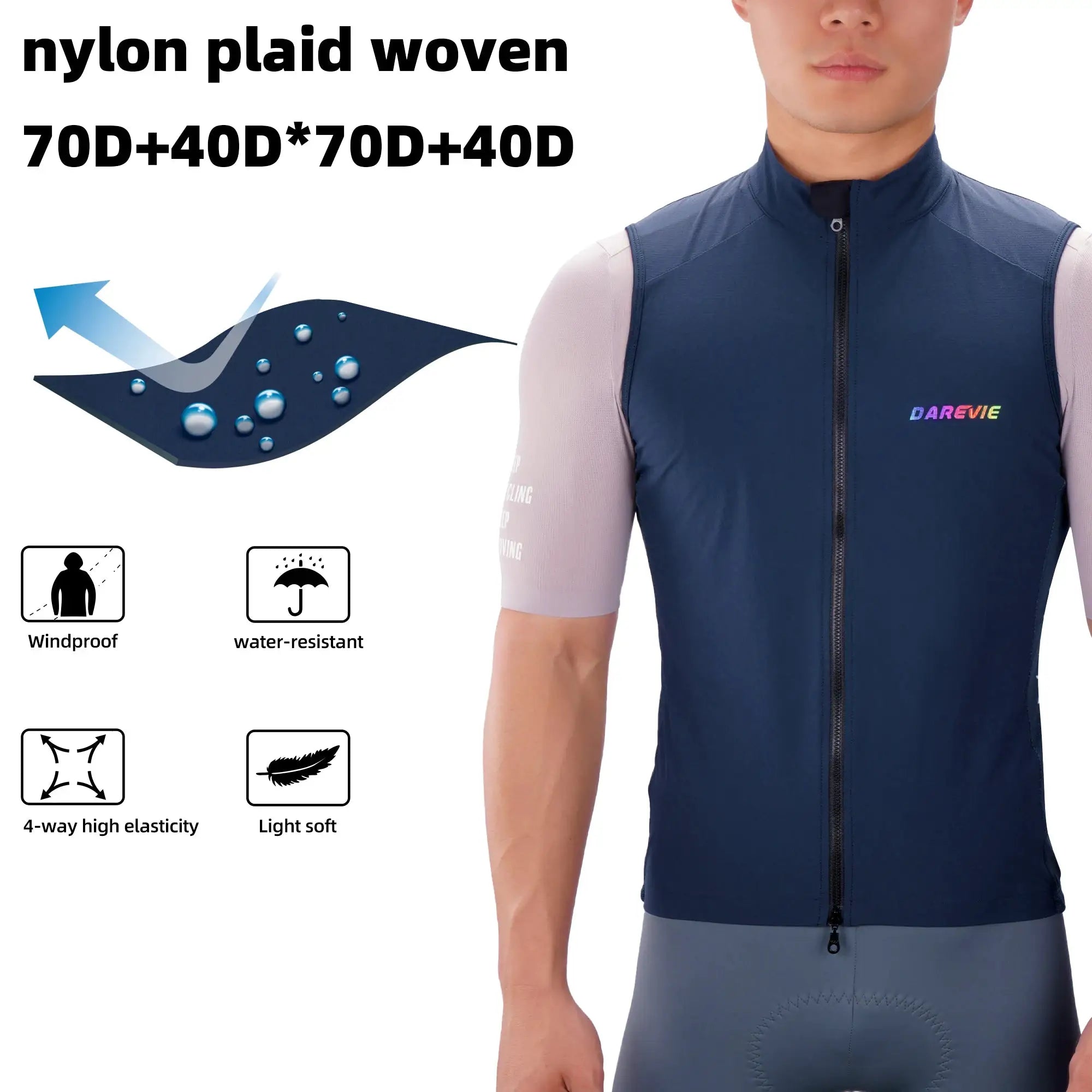 DAREVIE cycling vest in navy blue; windproof and water-resistant with front zipper