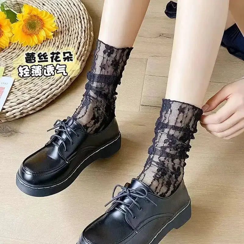 Harajuku Transparent Floral Lace Socks For Women Breathable Mesh All Day Comfort Elastane Nylon