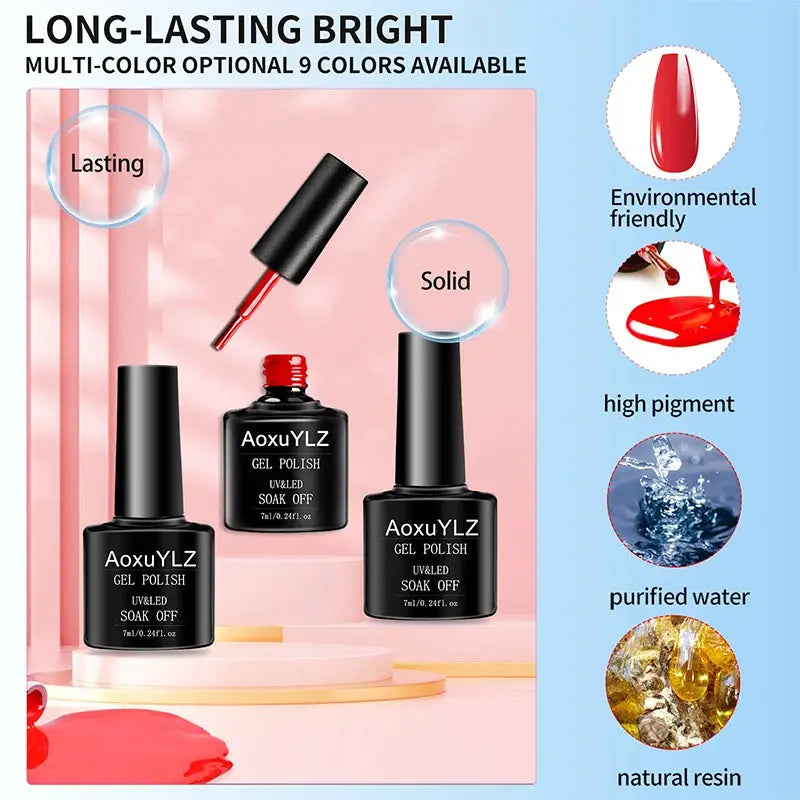 3-piece AoxuYLZ gel polish set with glass bottles in red and pink shades for UV/LED soak-off