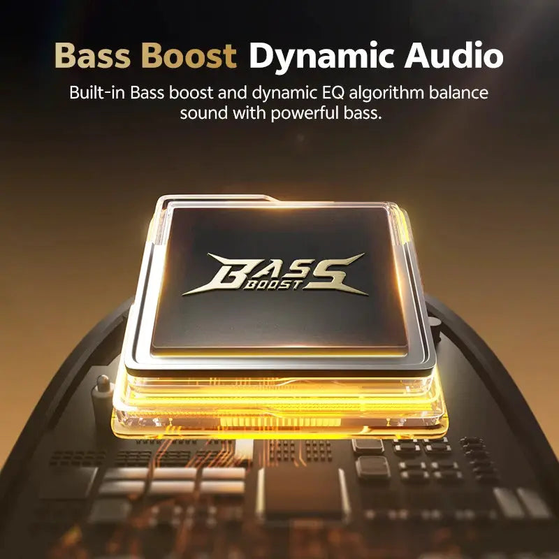 Bass Boost Dynamic Audio chip graphic on a circuit board with orange glow