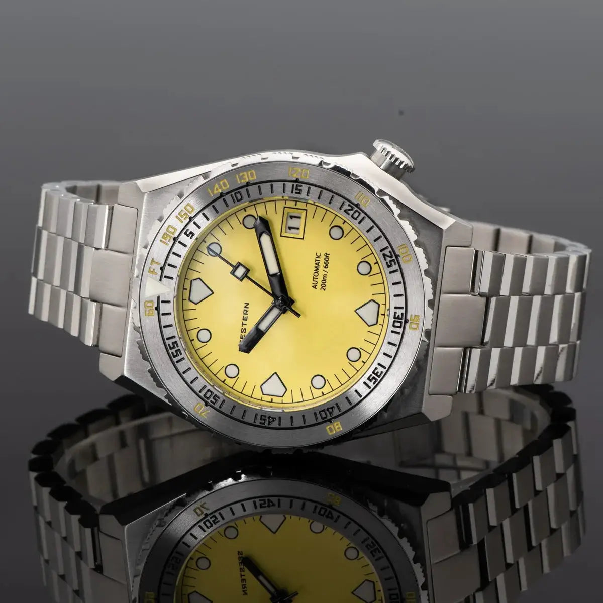 SEESTERN SUB600T V3 diving watch, stainless steel Jubilee bracelet, yellow dial, ceramic bezel, date, automatic NH35