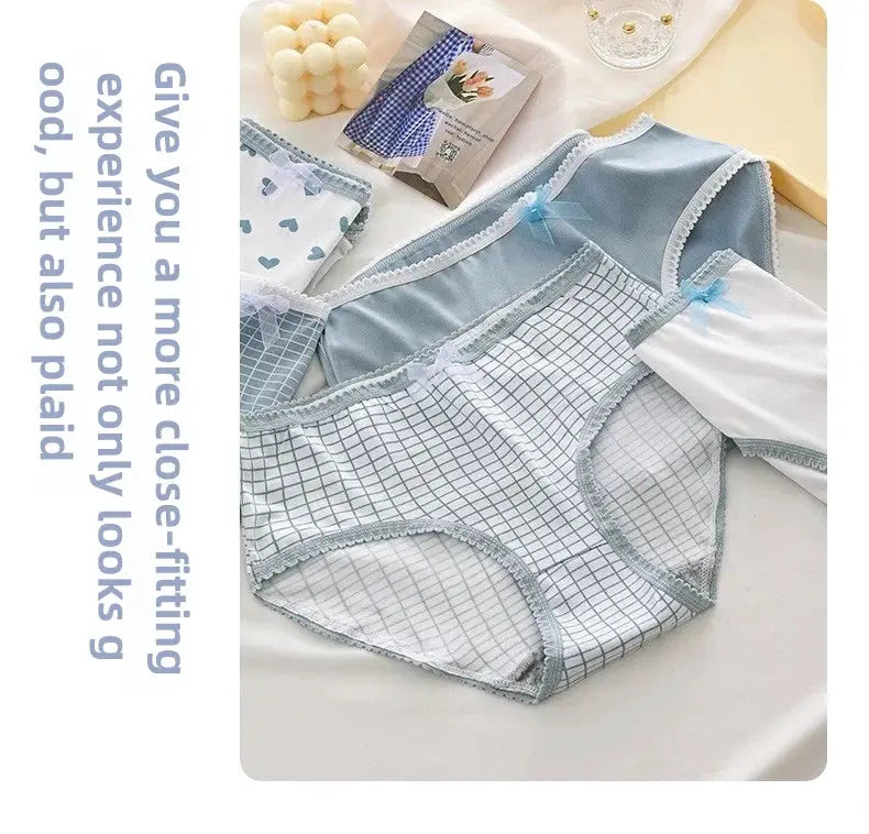 5-piece women's cotton panties set in light blue plaid and heart prints with lace trim and bow accents