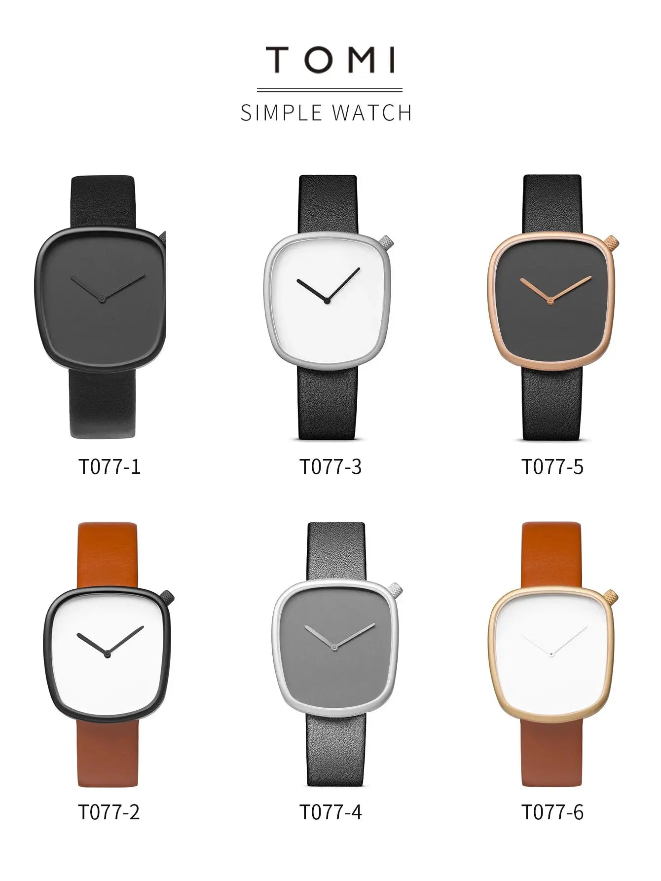 TOMI Watch minimalist square quartz collection - black, white, and rose gold frames with leather straps (3 watches)
