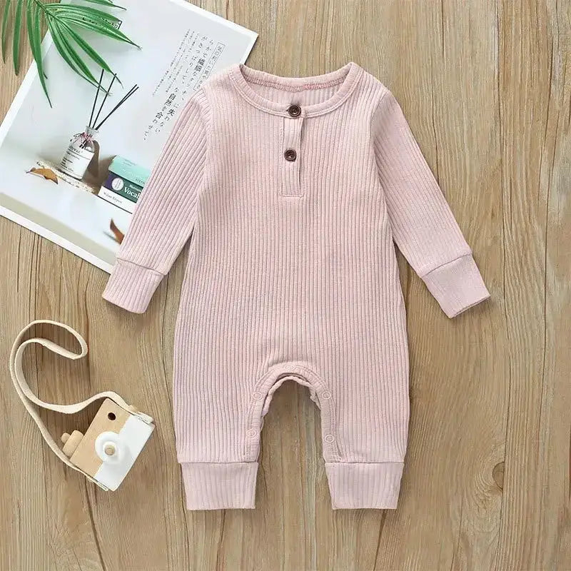 Spring Autumn Newborn Unisex Baby Long Sleeve Rib Cotton Romper Playsuit Jumpsuit O Neck Solid Color