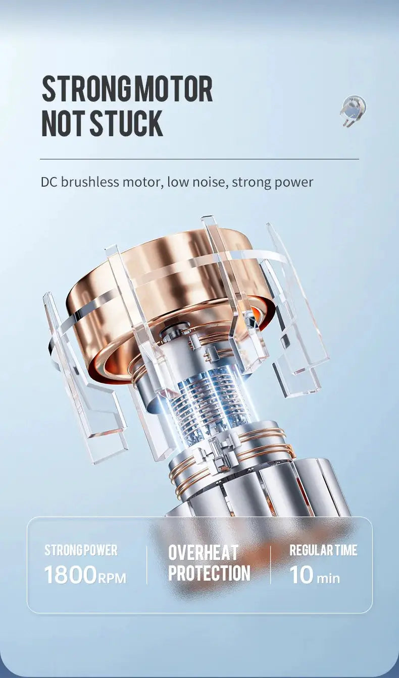 Brushless motor assembly for neck and shoulder massager; copper and silver components with 1800 RPM label.