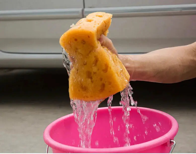 Car wash sponge block, large orange honeycomb, rung out under running water into a pink bucket.