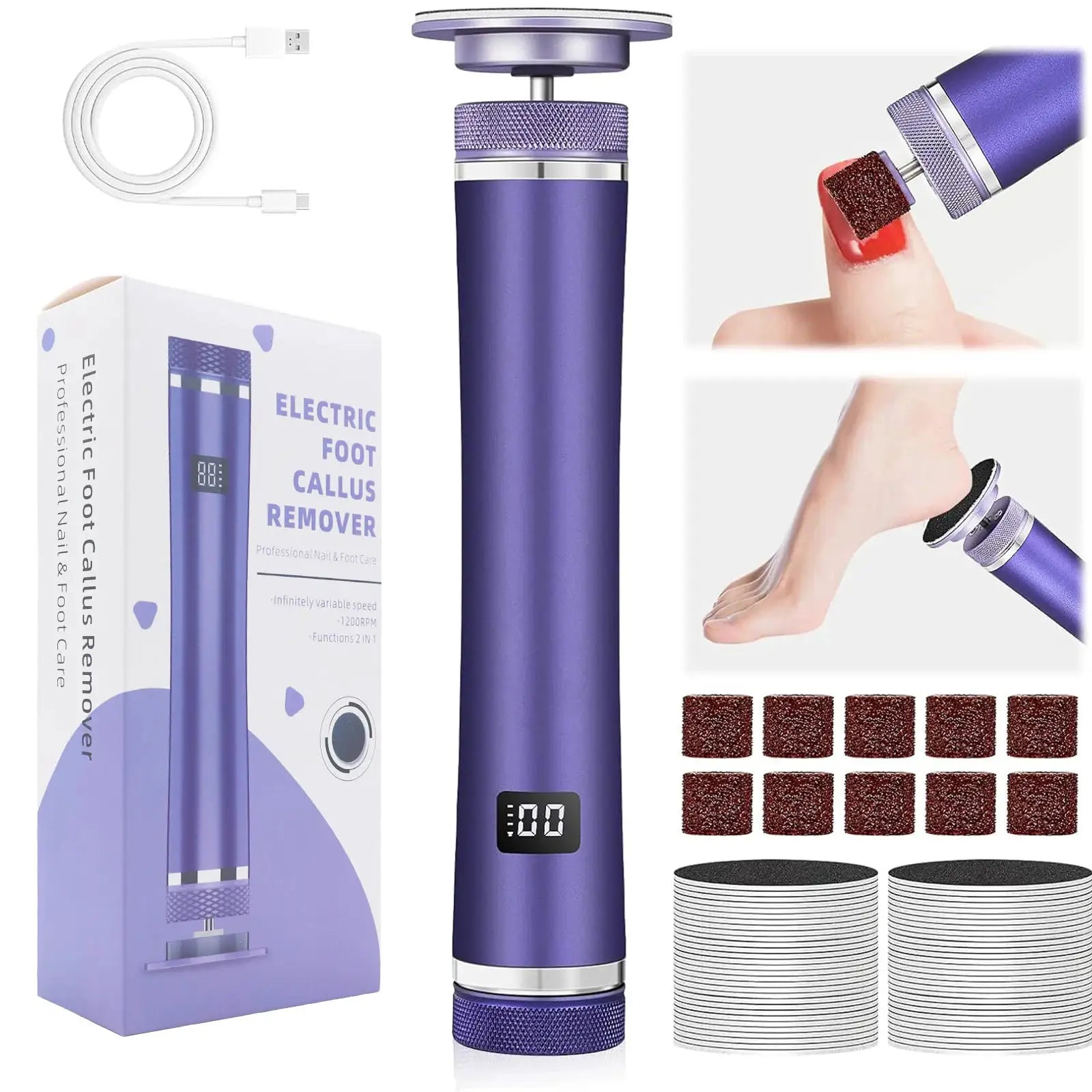 Simples Market USB rechargeable electric foot callus remover in purple with 60 replacement sandpaper sheets.