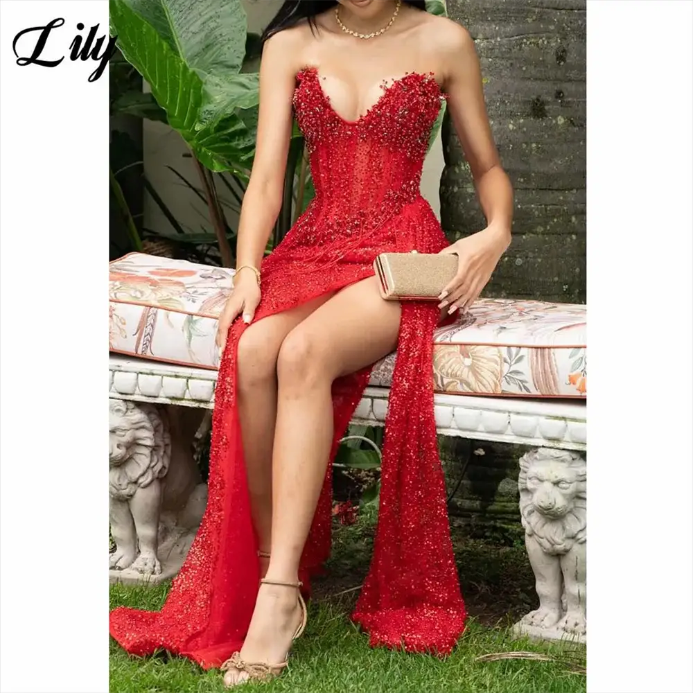 Lily Red Sequined Deep V Neck Evening Gown With Beaded Fringe
