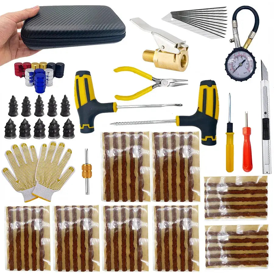 Auto tire repair kit Simples Market with puncture strips, plugs, glue, gloves and tools in case