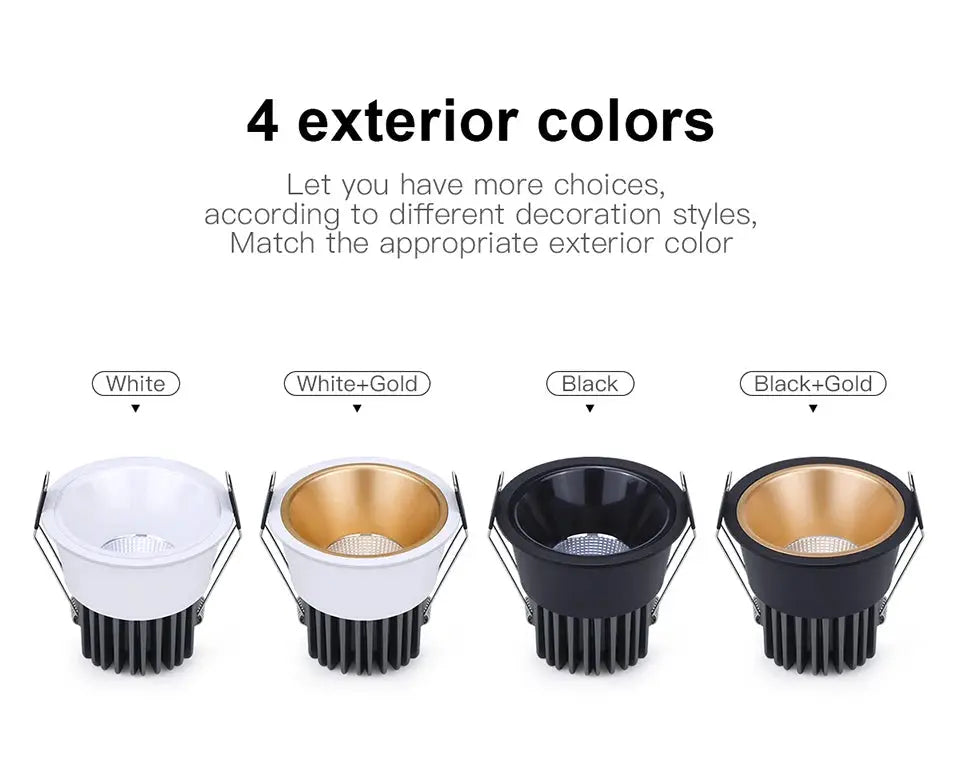 Simples Market recessed aluminum COB LED spotlight bulbs, 4-pack in finishes White, White+Gold, Black, Black+Gold.