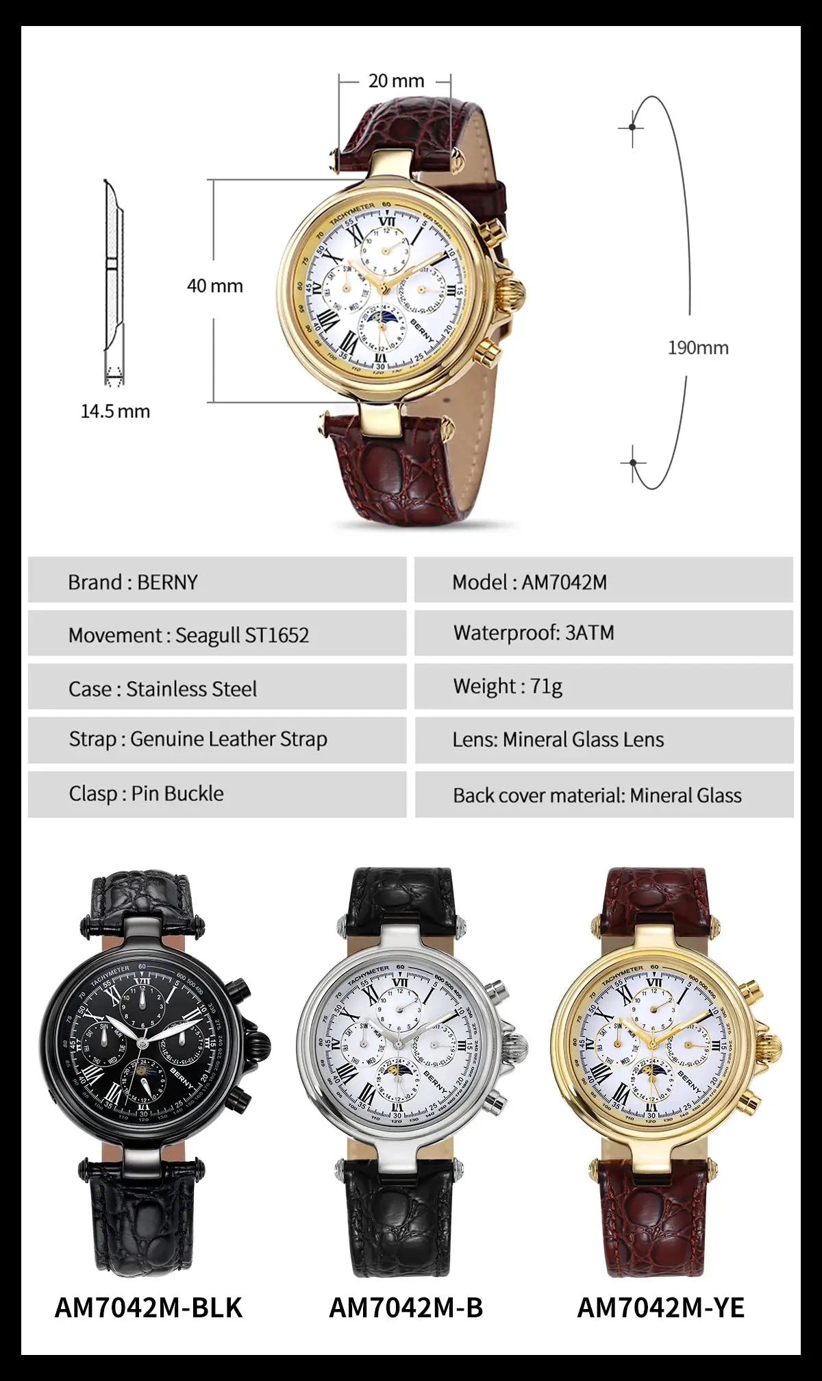 BERNY retro automatic men's watch with Sun & Moon phase, gold-tone case and brown leather strap; AM7042M variants shown