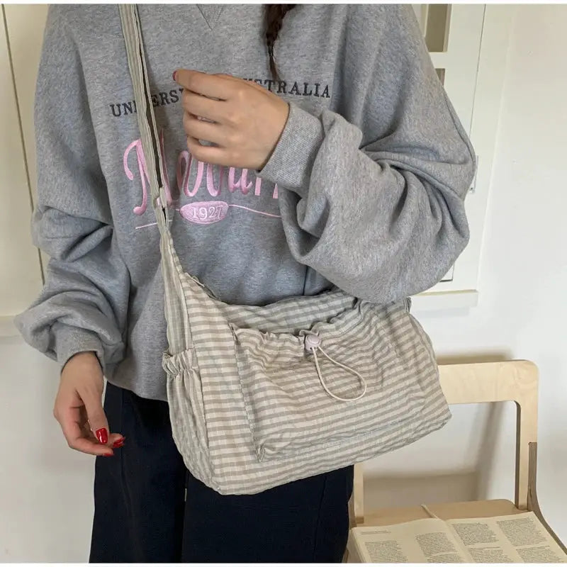 Korean nylon shoulder bag, beige striped crossbody tote with adjustable strap Simples Market