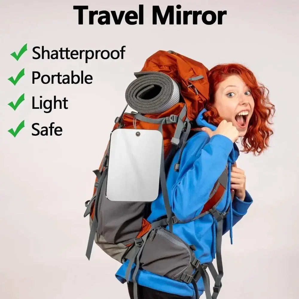Travel mirror with wall hook; shatterproof, portable, lightweight
