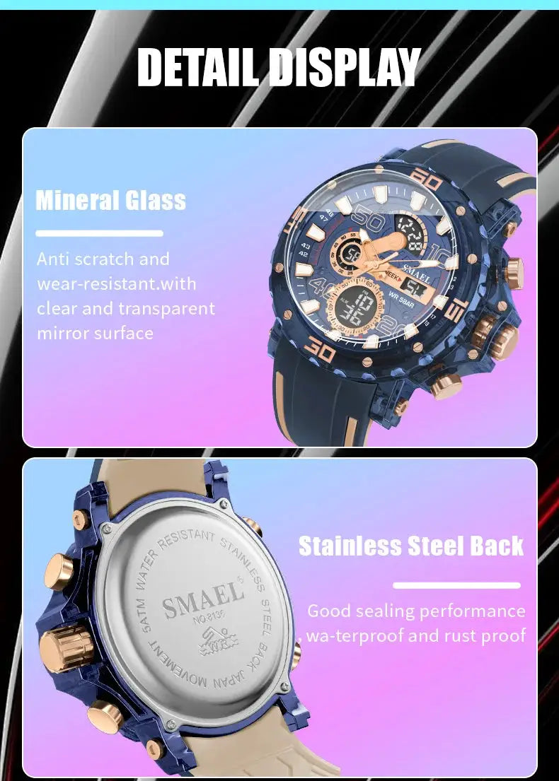 Military-style SMAEL men's sport watch, blue with gold bezel, mineral glass, stainless steel back, 50m water resistant.