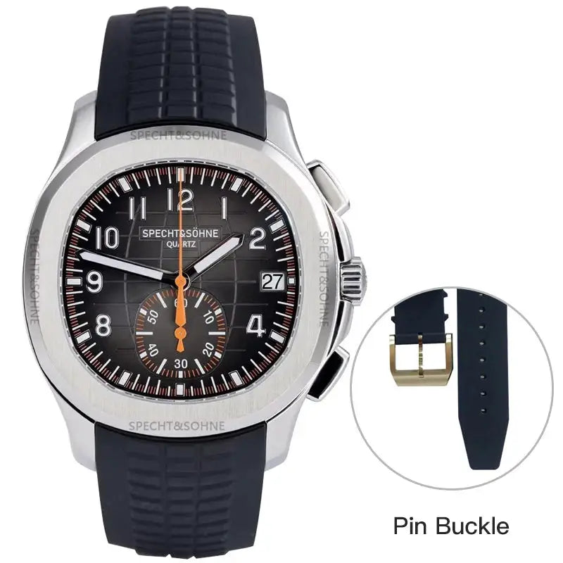 Specht & Söhne men's watch with black dial, orange accents, sapphire crystal, blue rubber strap