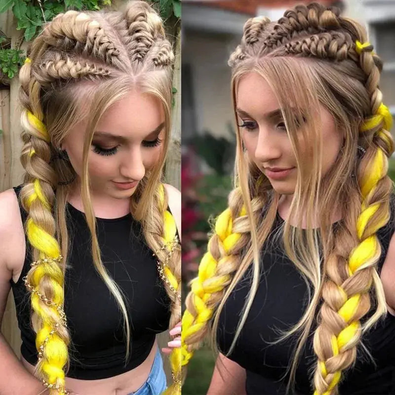 Simples Market crochet hair extensions, Kanekalon pre-stretched curly jumbo braids in blonde with yellow accents 2 girls
