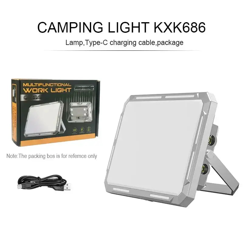 LED camping light by Simples Market; rechargeable, waterproof, grey metal with USB-C charging cable and packaging