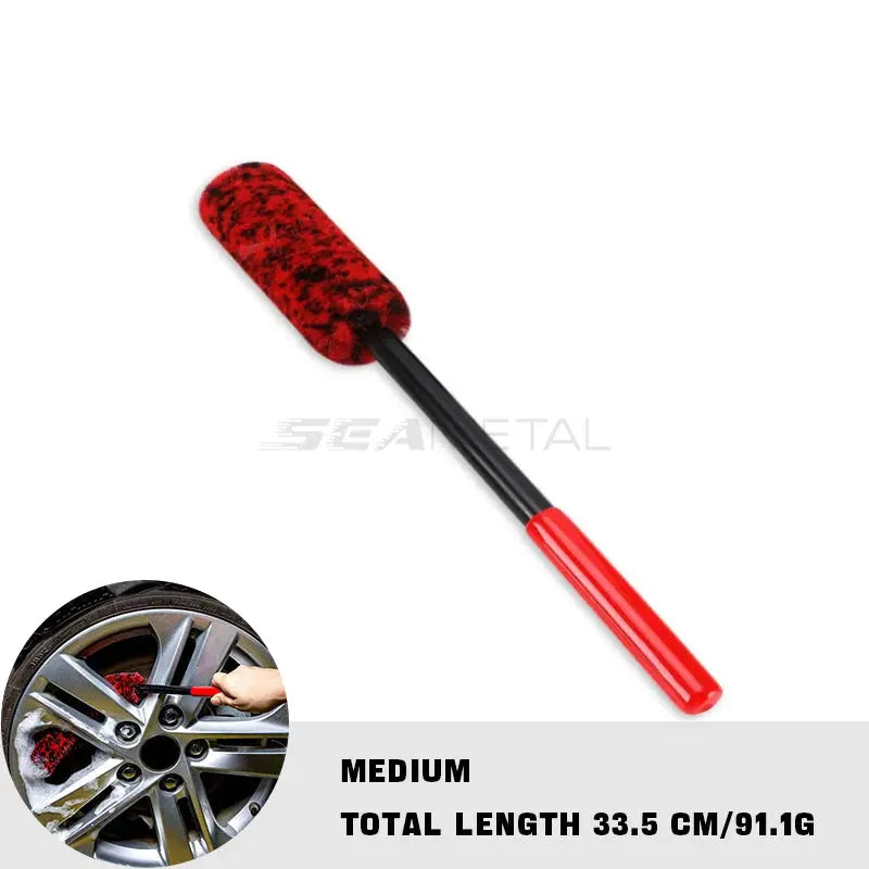 Car wheel detailing brush by SEAMETAL with red fuzzy head and black bendable shaft for rims