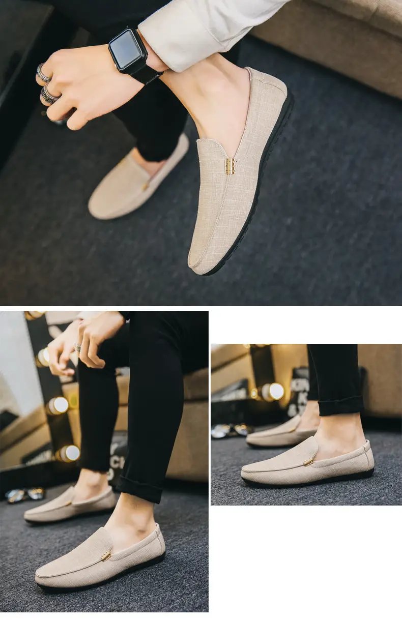 Men's beige canvas slip-on loafers with black rubber sole; casual dress driving shoes.