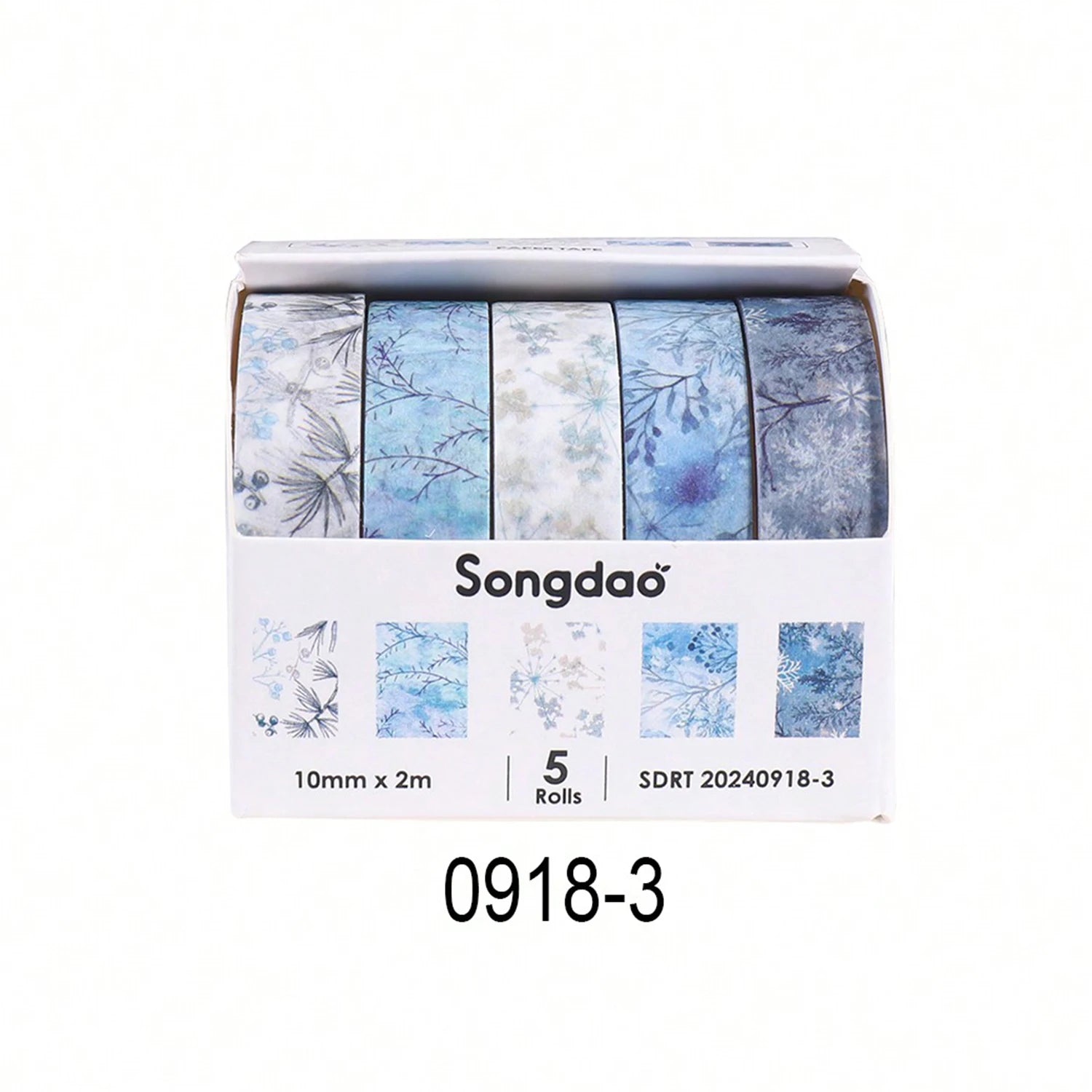 Washi tape set, 5 blue floral rolls boxed for students; Songdao brand, 10mm x 2m each