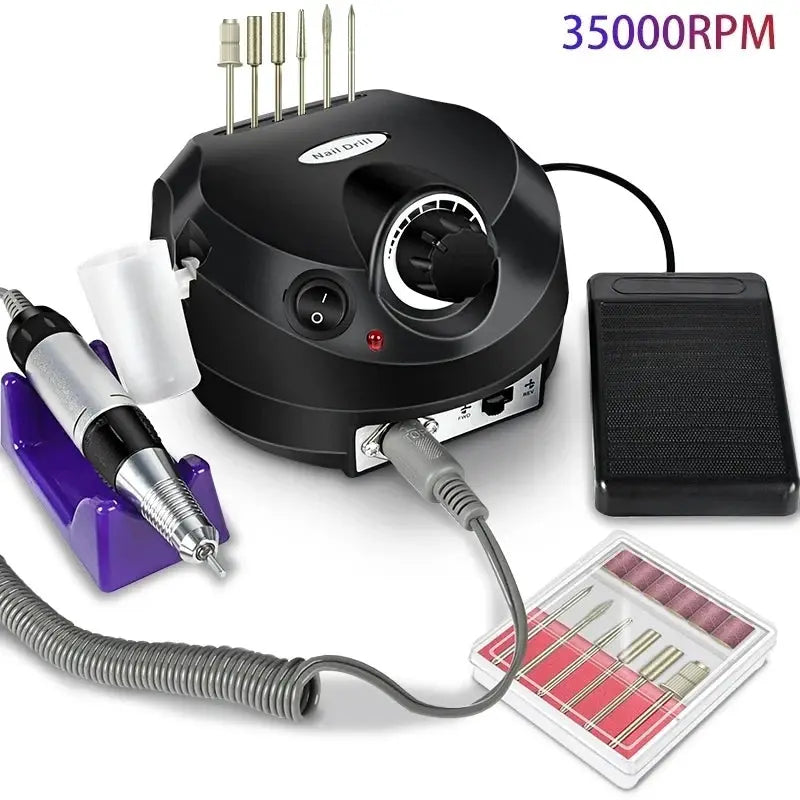 Nail drill kit by Simples Market with assorted bits, foot pedal, and gel manicure accessories