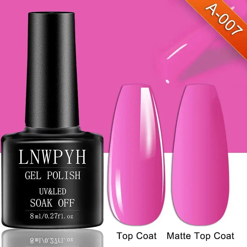 LNWPYH gel polish bottle with pink swatches, showing top coat and matte top coat swatches