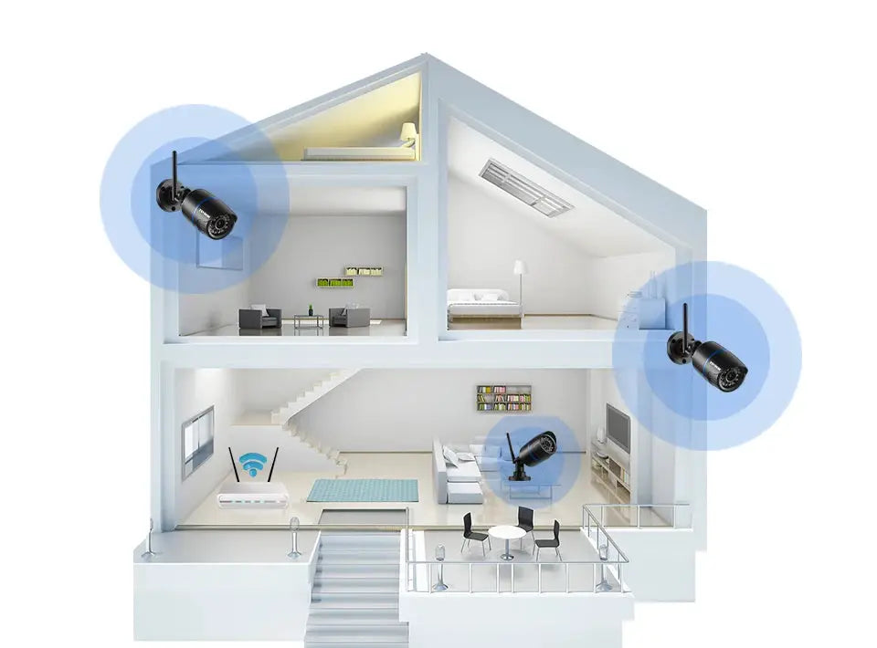 Simples Market 4MP IP WiFi outdoor security camera set with four black bullet cameras around a modern home.