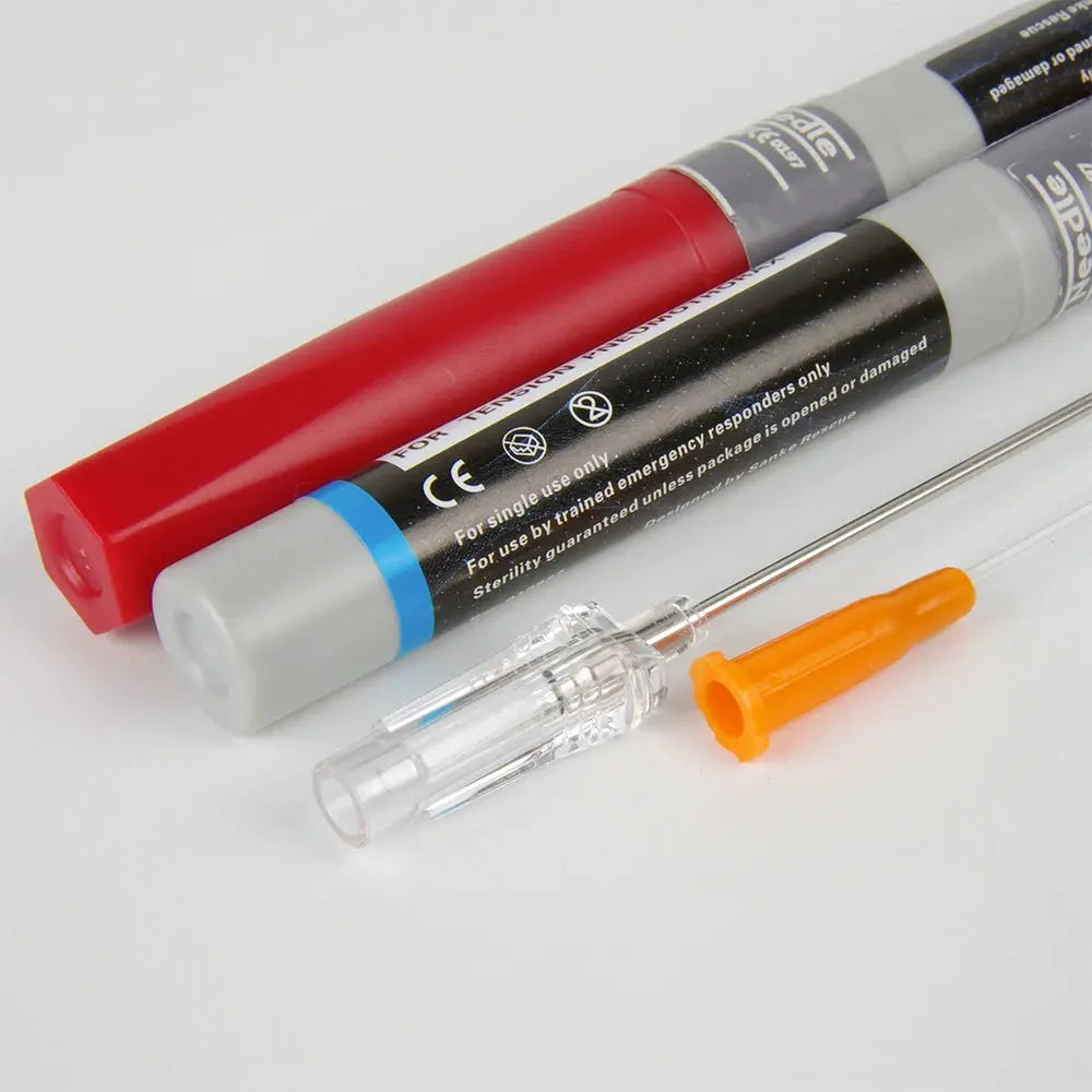 Simples Market Sanke Rescue Pneumothorax needle decompression kit with red/black canisters and orange cap