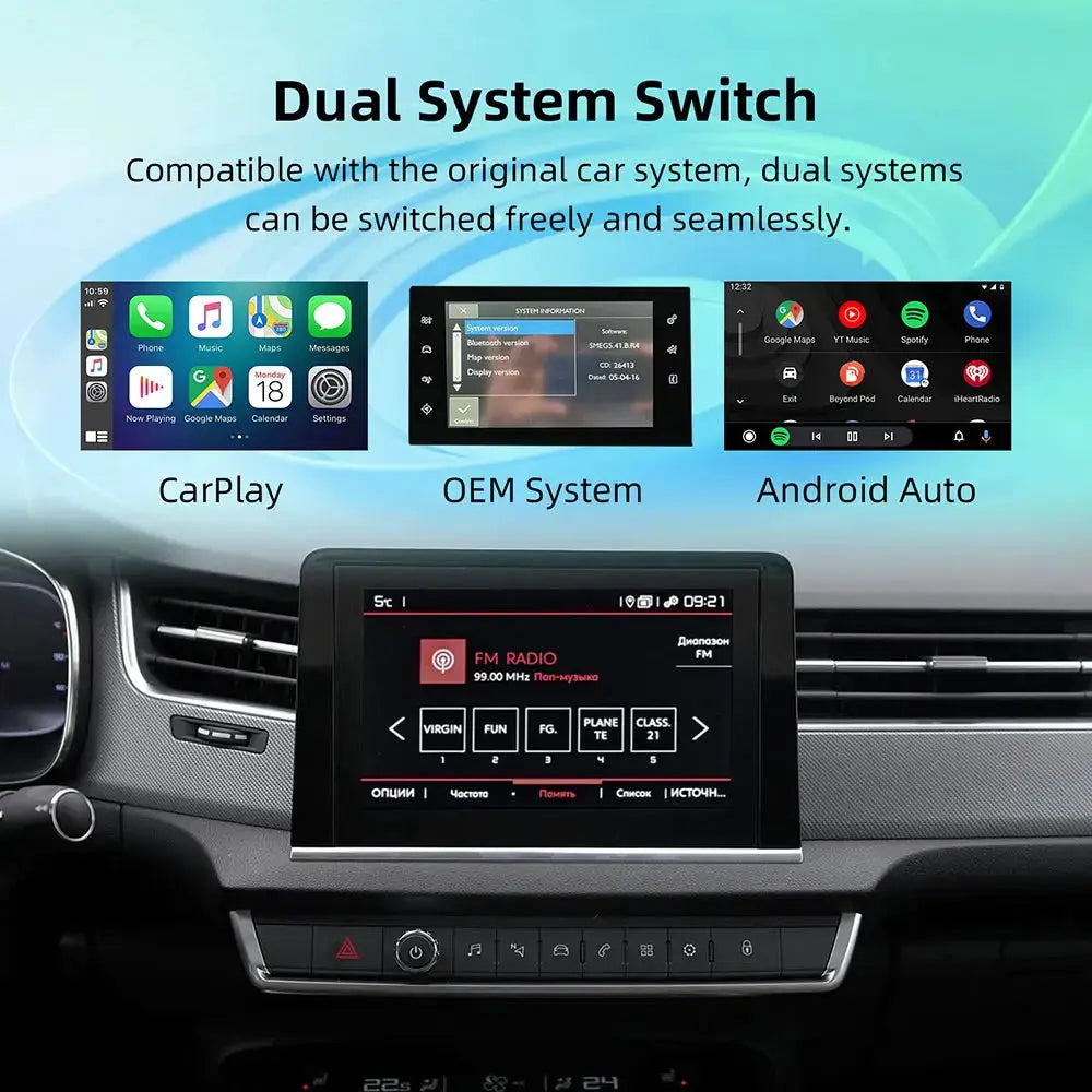 Simples Market wireless CarPlay and Android Auto upgrade for Peugeot/Citroën SMEG MRN 2013–2018 dashboard