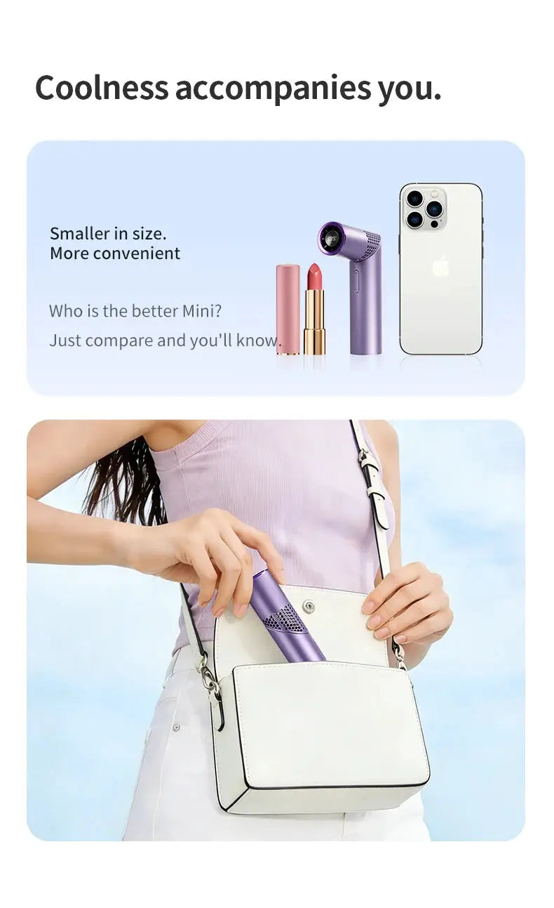Simples Market lipstick-shaped mini fan, purple; handheld portable fan being placed into a white handbag.