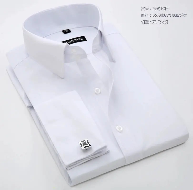 Men's white dress shirt with French cuffs and cufflinks by Simples Market; slim-fit solid color.