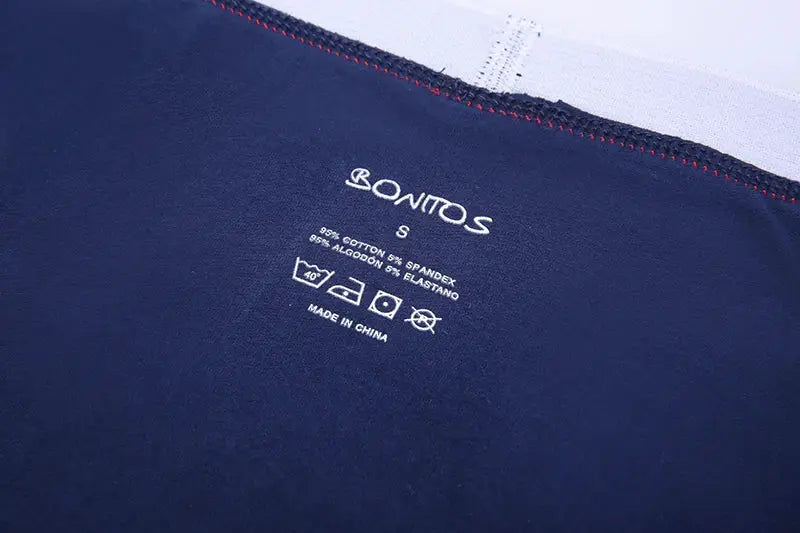 Bonitos men's boxer shorts label on navy fabric; size S, 95% cotton 5% spandex; made in China