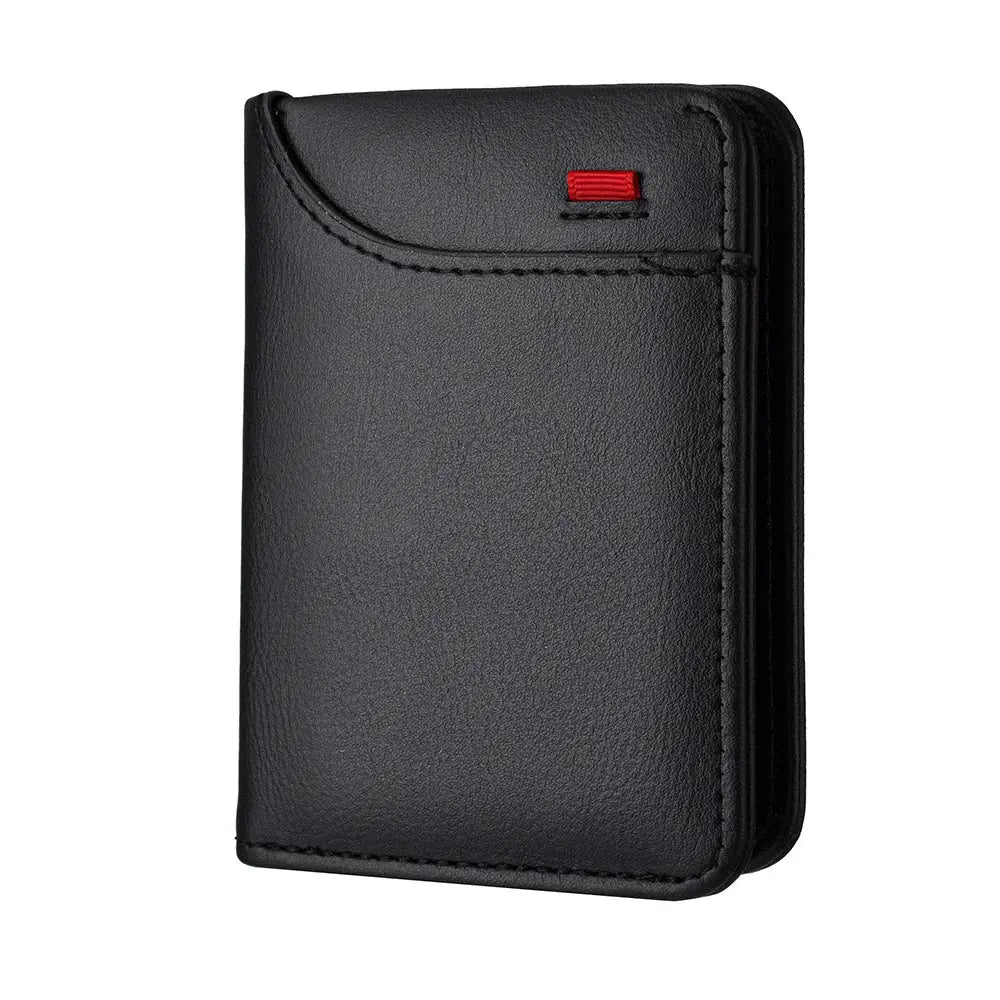 Simples Market men's black leather vertical card wallet with red accent tab