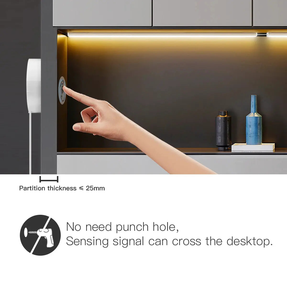 Under-cabinet LED bar light with wood finish touch-sensitive dimmable switch; warm white glow.
