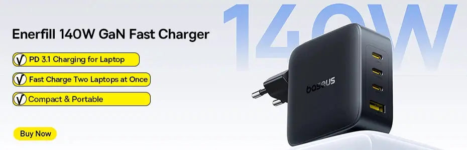 Baseus 140W GaN fast charger, black multi-port block with yellow USB ports and Baseus logo