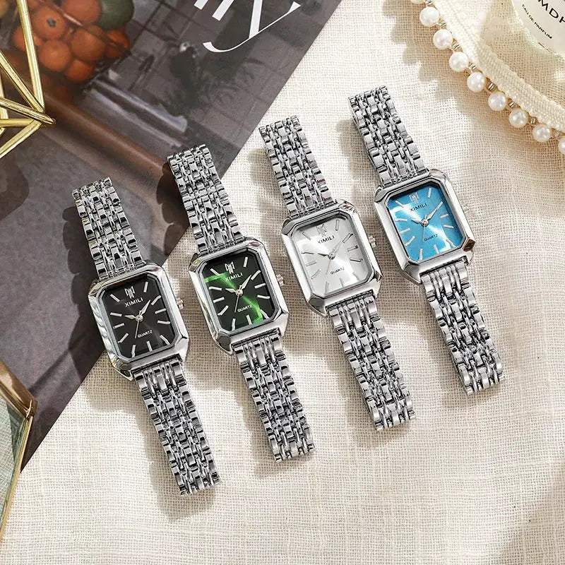 Simples Market luxury women watches set of 4 rectangular stainless steel quartz watches with black green white blue dials