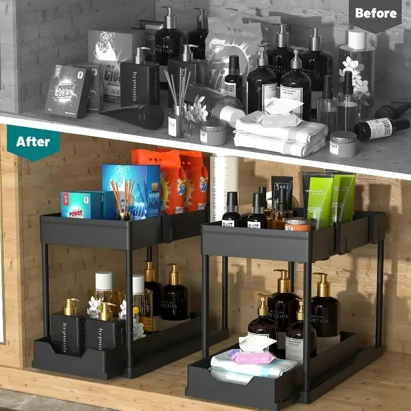 Two Tier Kitchen Sink Organizer Sliding Cabinet Basket With Hooks Hanging Cup Space Saving Rack For Kitchen And Bathroom