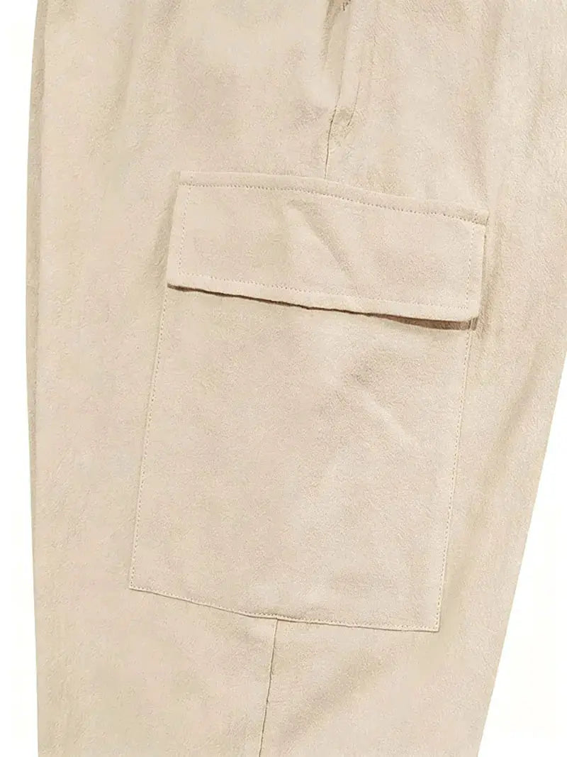 Men's cargo jogger pants in beige cotton-linen blend with large flap cargo pocket