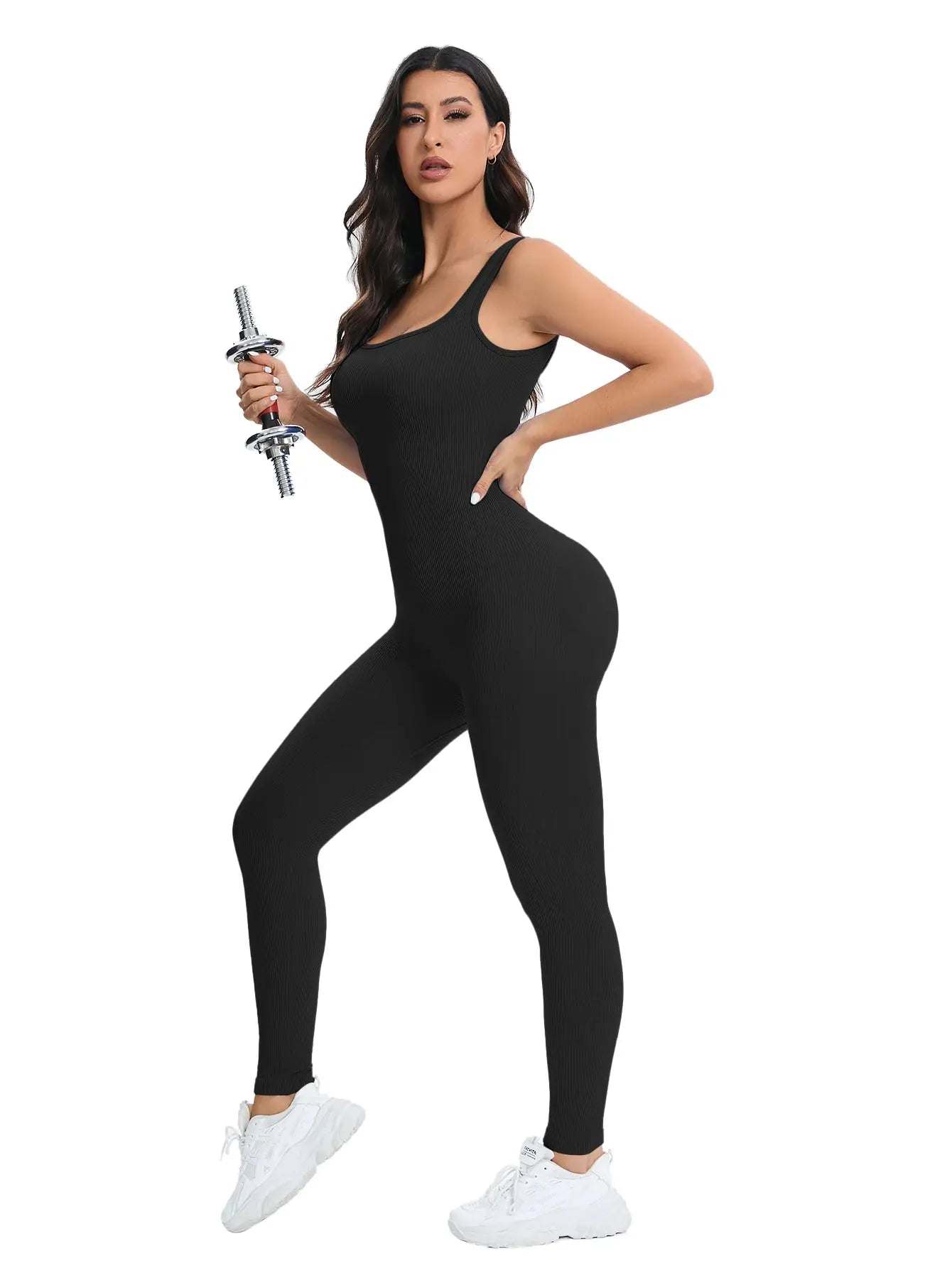 Shapewear jumpsuit for women by Simples Market, black ribbed sleeveless bodycon romper with built-in bra and square neck.