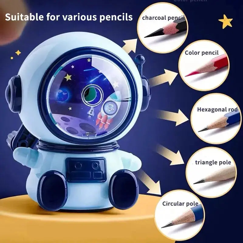 Simples Market astronaut cartoon pencil sharpener, blue plastic hand-crank school sharpener with clear helmet