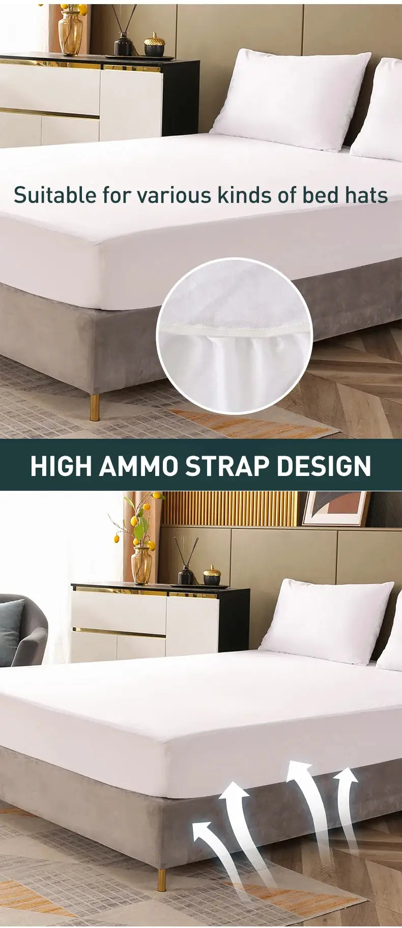 Simples Market waterproof breathable jersey mattress protector; fully fitted white cover on a modern grey bed base
