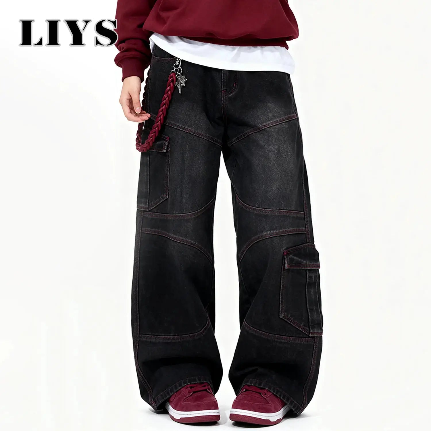 Men's black cargo denim jeans with wide legs and red stitching; LIYS logo, red braided keychain.