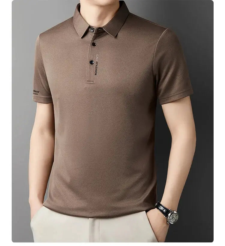 Men's ice silk polo shirt, brown short-sleeve casual golf top.