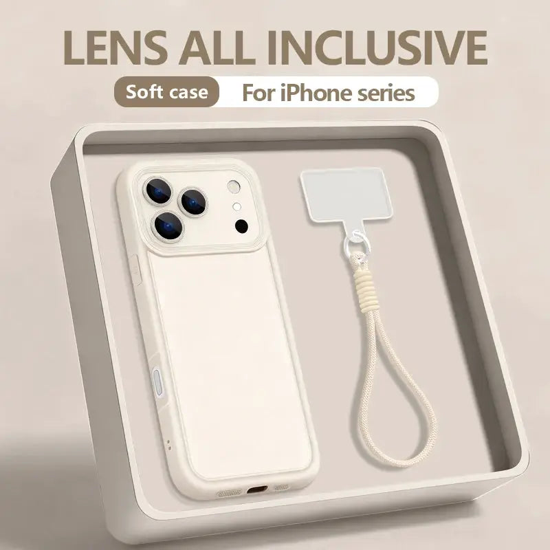 Wrist-strap TPU iPhone case by Simples Market; cream silicone, shockproof, with lanyard.
