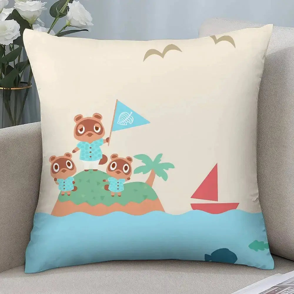 Simples Market pillow cover; Game Cute Animal Crossing design with bears on island, palm tree, and sailboat on blue water