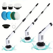 Electric Cleaning Brush set by Simples Market with white cordless rotating scrubber, 7 brush heads and extension handle.